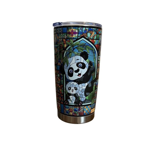 NWOT Panda Stained Glass Print Tumbler Travel Mug - Picture 1 of 7
